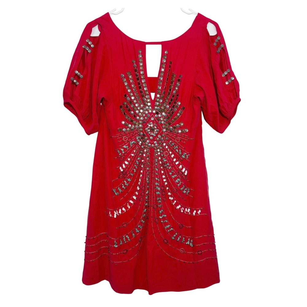 Nanette Lepore Darjeeling Dress Red Beaded Silk Open Back Women 6 Boho Luxe